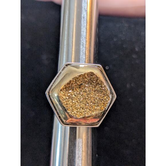 Chunky Hexagon Gold Druzy Quartz Two Tone Sterling Silver Ring Size 8 - Picture 10 of 14